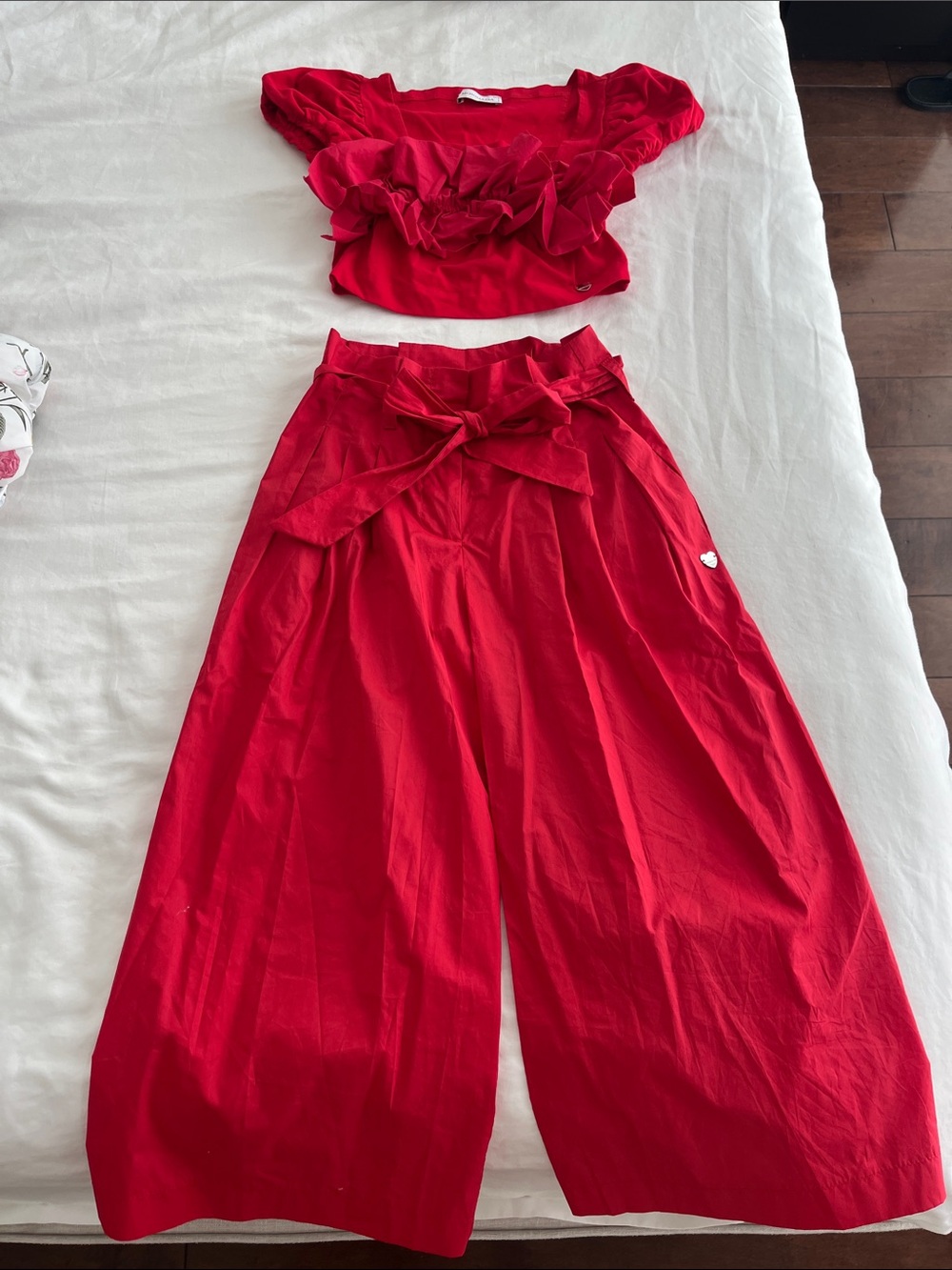MonnaLisa Bright Red High-Waist Wide Leg Pants with Tie Belt